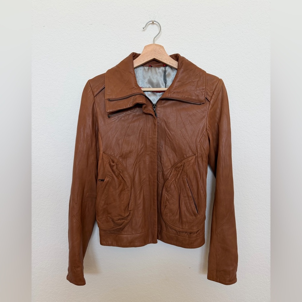 Doma Leather Biker Jacket Cognac Brown Size Small 100% Leather